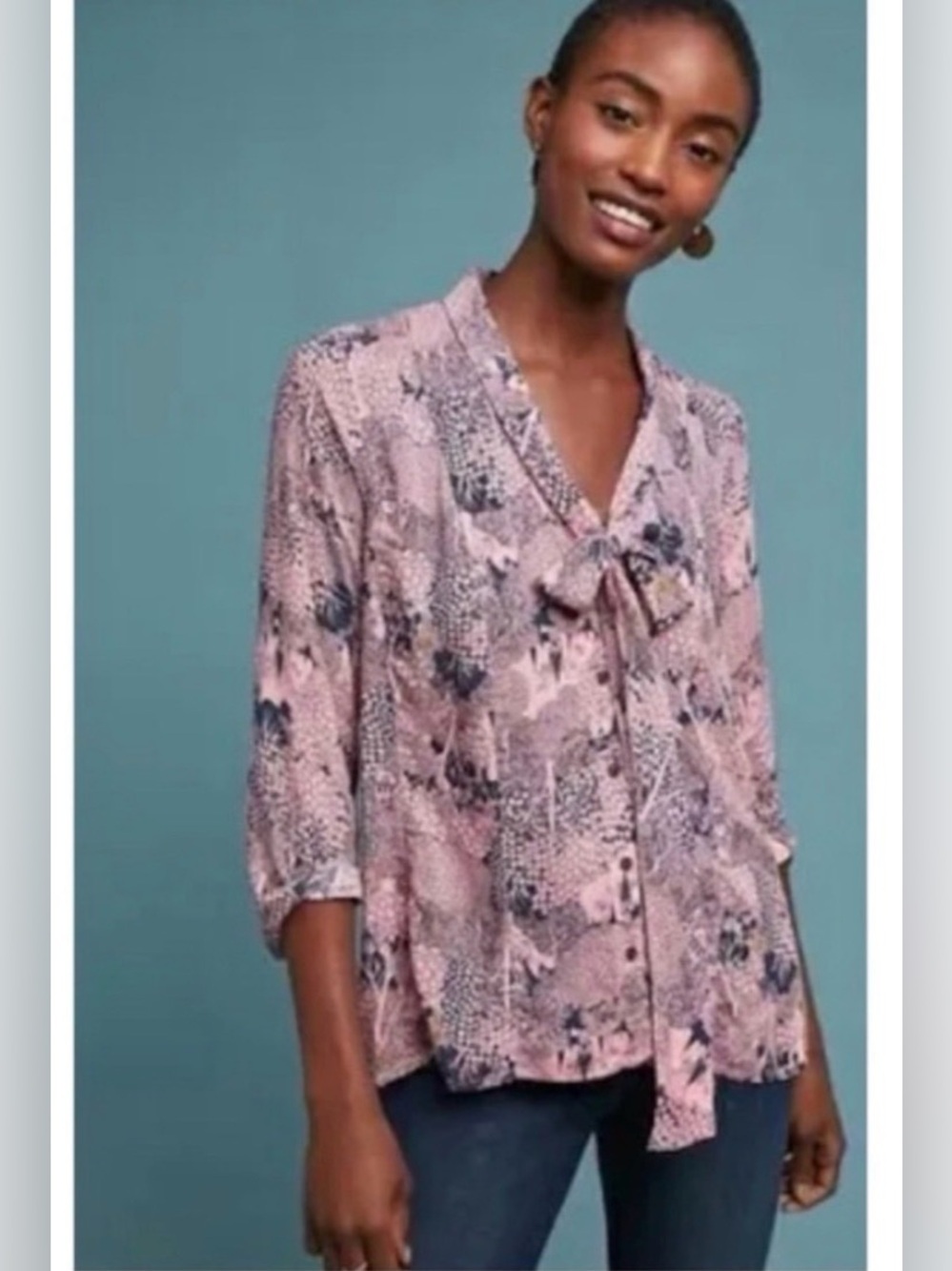Anthropologie Pink and Black Scenic Tie-Front Blouse ptp 19.5 length 27